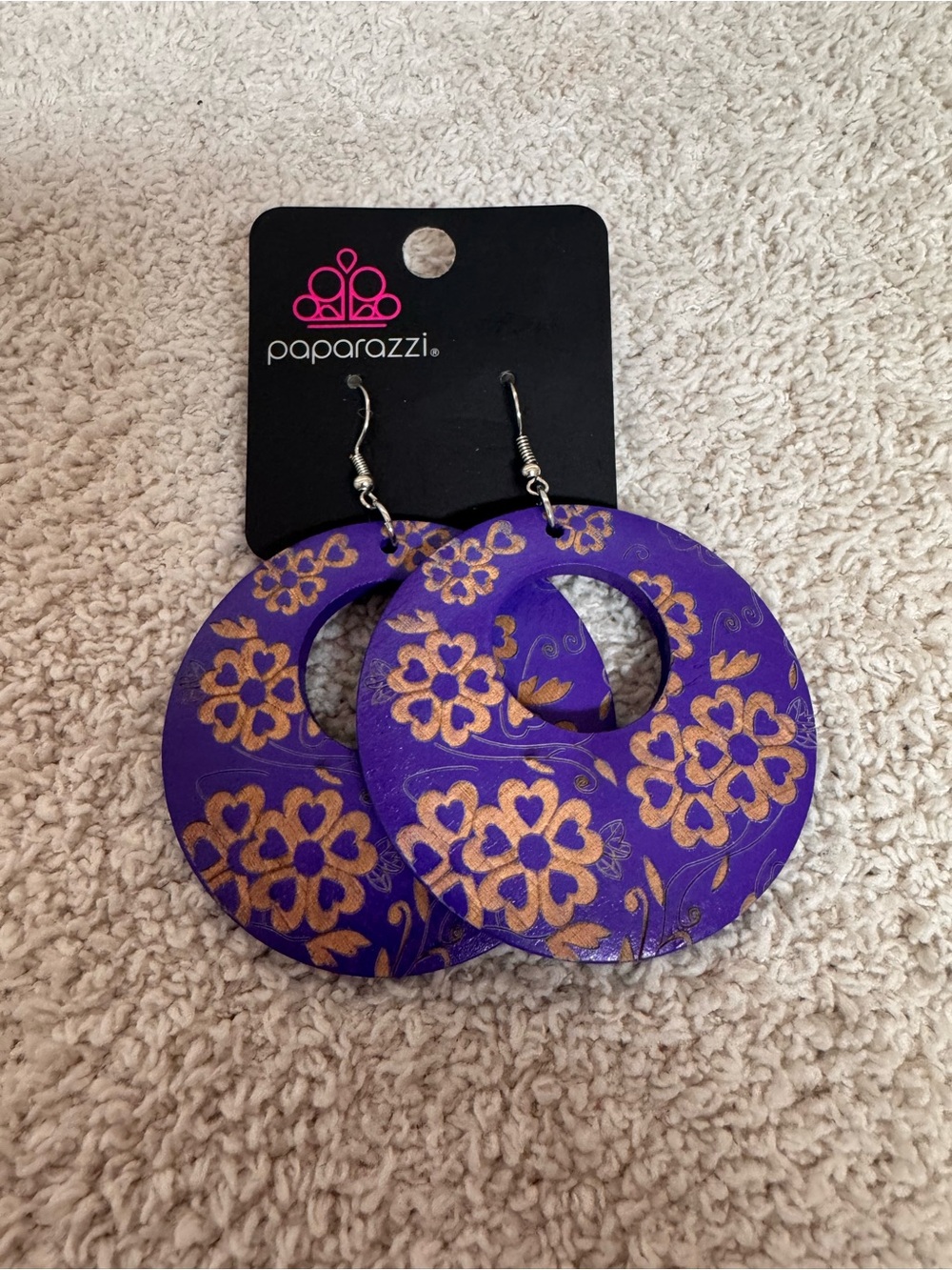 Paparazzi Purple Hoop Earrings with Gold Floral Design